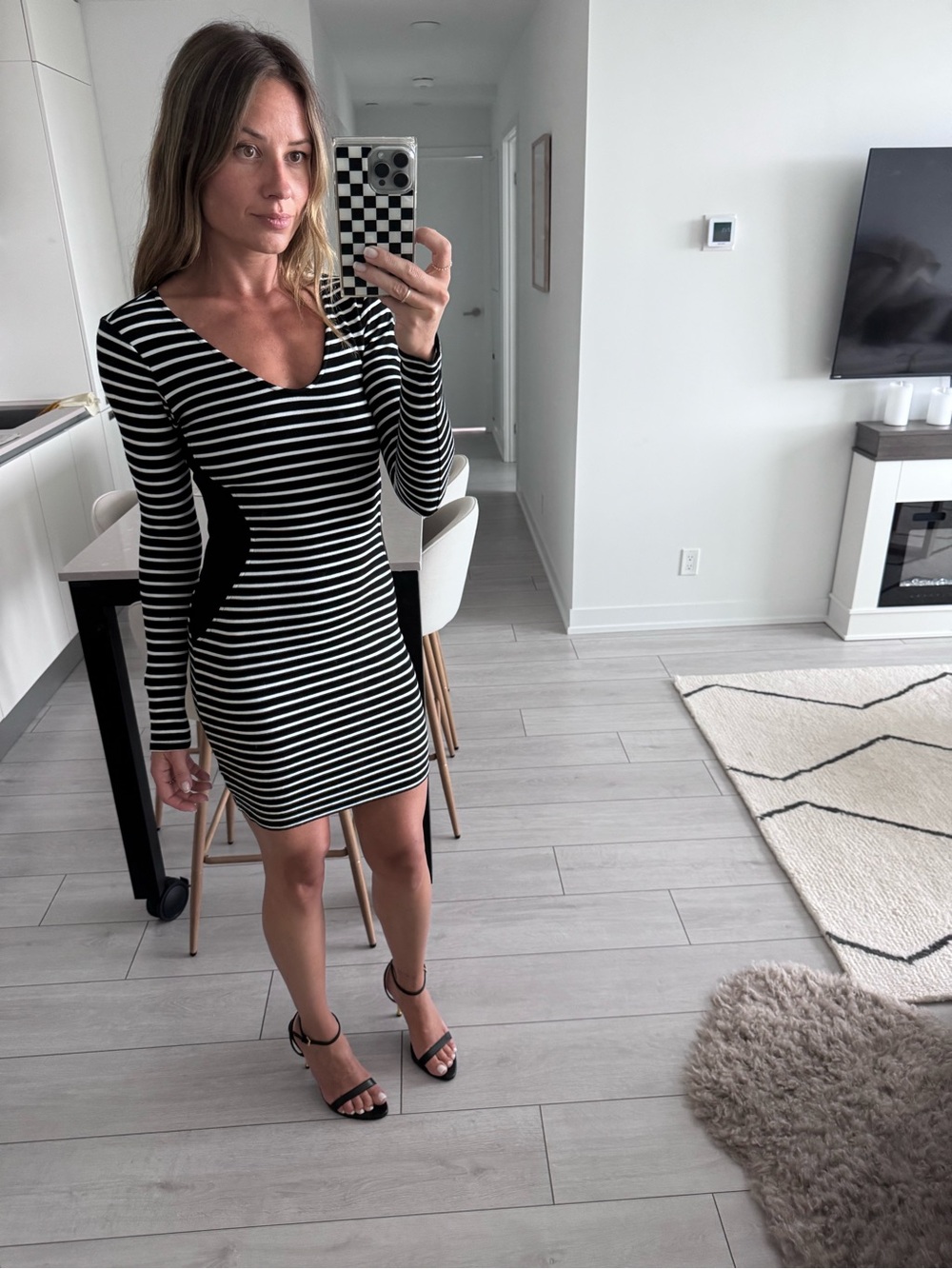 Velvet by Graham & Spencer Black and White Striped Long-Sleeve Mini Dress